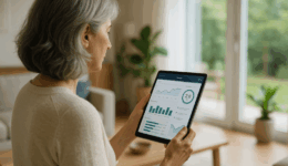 Image générée par IA montrant une femme d'âge moyen, vue de profil dans un salon lumineux, tenant une tablette affichant un tableau de bord de gestion énergétique avec graphiques et indicateurs, sur fond d’intérieur moderne légèrement flouté.