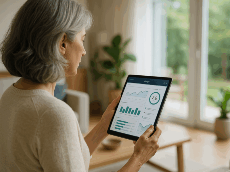 AI-generated image showing a middle-aged woman, profile view, in a bright living room, holding a tablet displaying an energy management dashboard with charts and indicators, against a slightly blurred modern interior background.